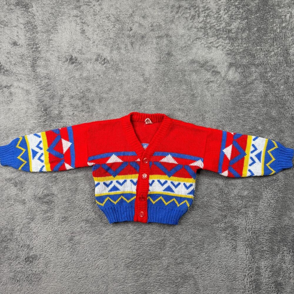 VTG 90s Baby Toddler Knit Sweater Douglas USA 2T Red Blue Geometric Cardigan